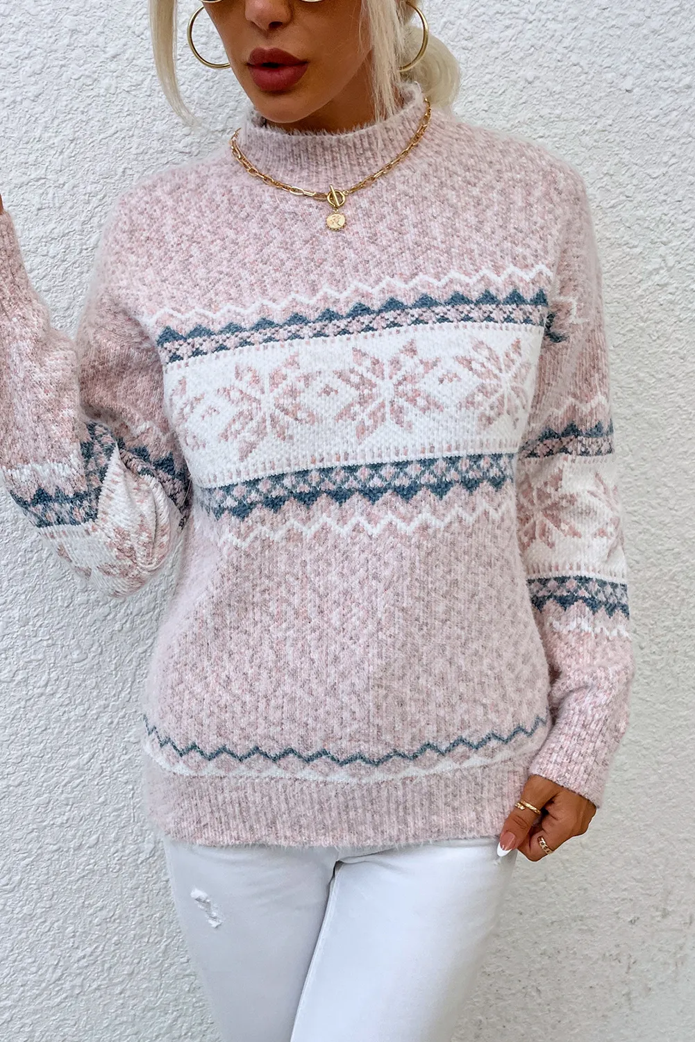 Light Pink Retro Snowflake Pattern Mock Neck Fuzzy Sweater