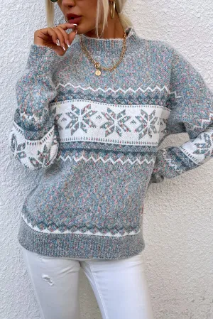 Light Pink Retro Snowflake Pattern Mock Neck Fuzzy Sweater
