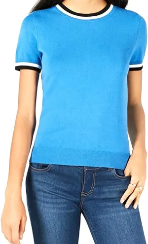 Maison Jules Women's Ringer-Stripe Sweater, Cornflower Petal (X-Large)