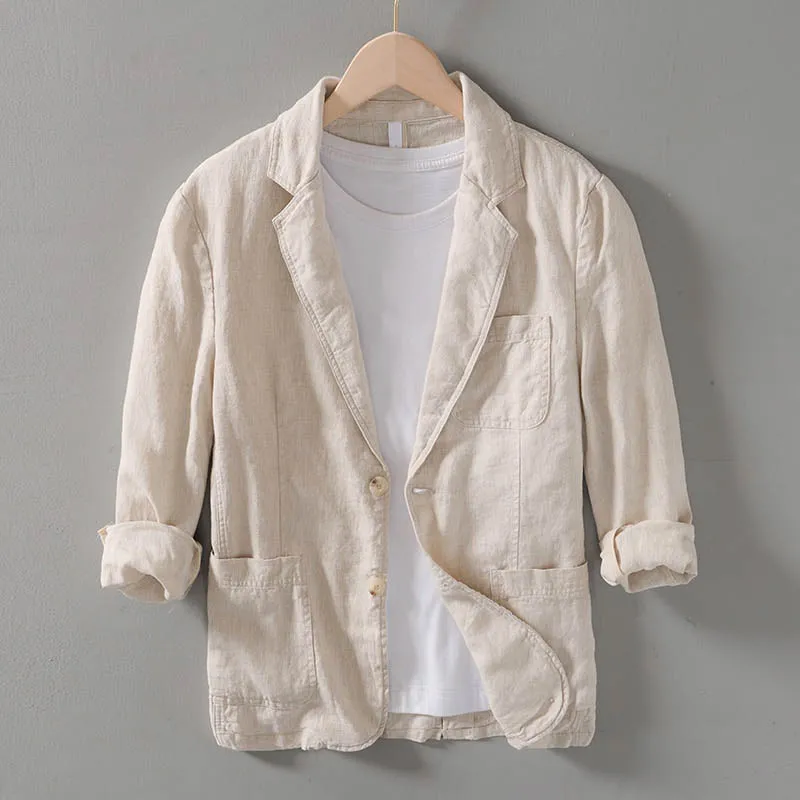 Men's linen blazer lightweight summer jacket - stylish office attire with functional pockets
