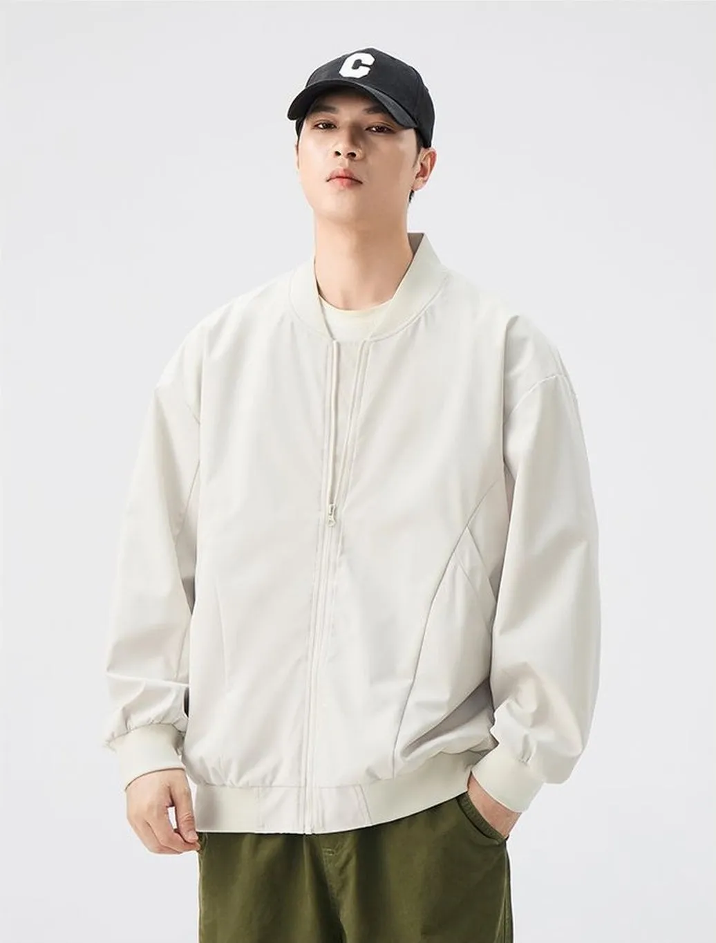 Men’s Solid Oversized Bomber Jacket with Elastic Band Cuff