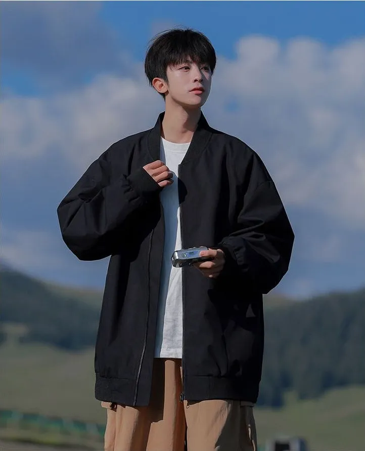 Men’s Solid Oversized Bomber Jacket with Elastic Band Cuff