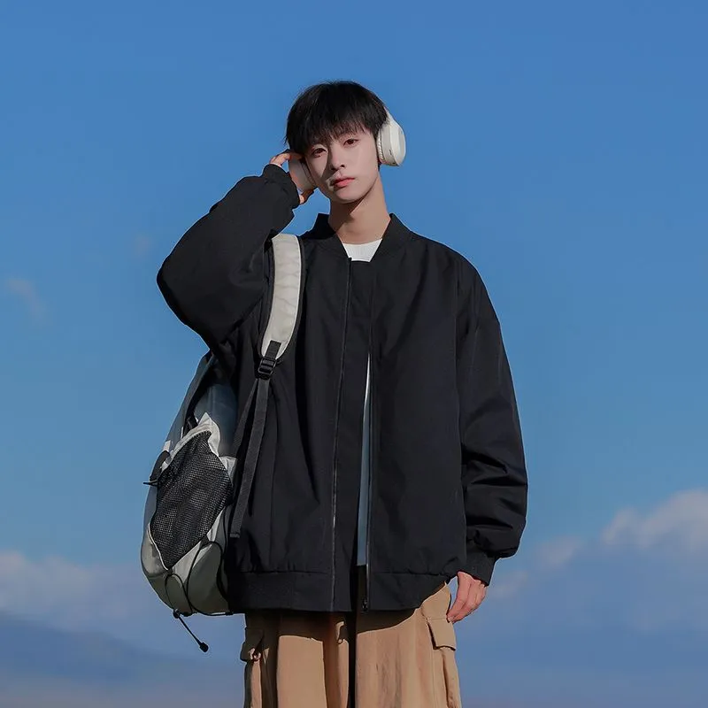 Men’s Solid Oversized Bomber Jacket with Elastic Band Cuff