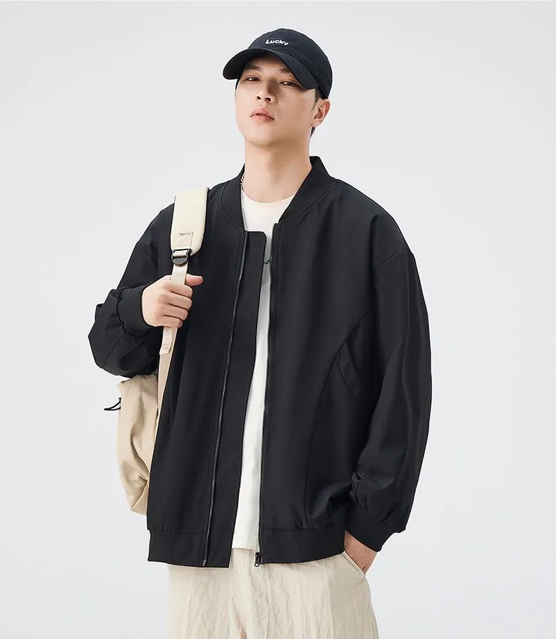 Men’s Solid Oversized Bomber Jacket with Elastic Band Cuff