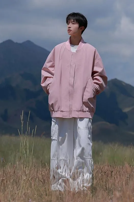 Men’s Solid Oversized Bomber Jacket with Elastic Band Cuff