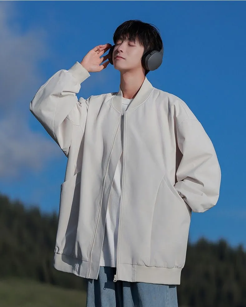 Men’s Solid Oversized Bomber Jacket with Elastic Band Cuff