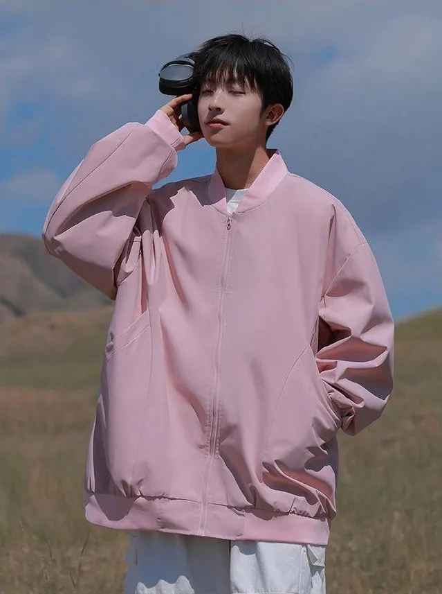 Men’s Solid Oversized Bomber Jacket with Elastic Band Cuff