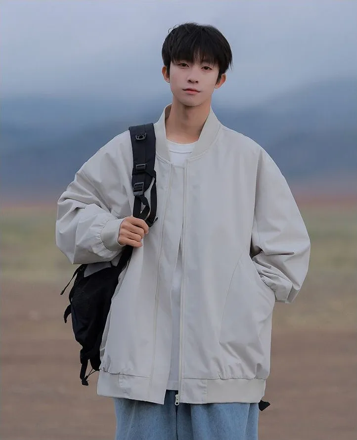 Men’s Solid Oversized Bomber Jacket with Elastic Band Cuff