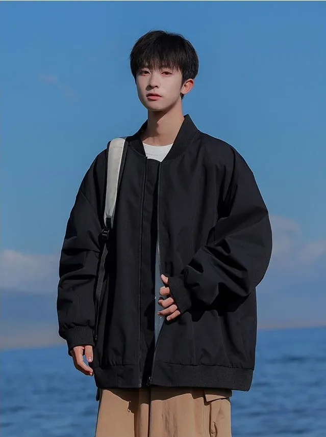 Men’s Solid Oversized Bomber Jacket with Elastic Band Cuff