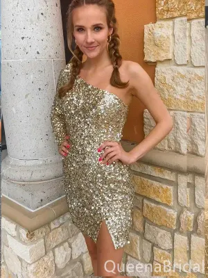 Mermaid One Shoulder Single Long Sleeve Sparkle Tight Graduation Party Short Homecoming Dresses ,QB0733