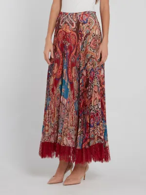 Micro-Pleated Lace Hem Paisley Skirt