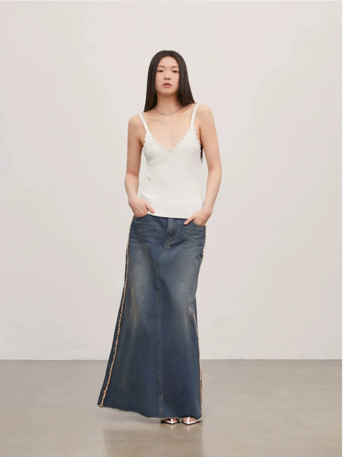 Millennium Blueberry Distressed A-Line Denim Skirt