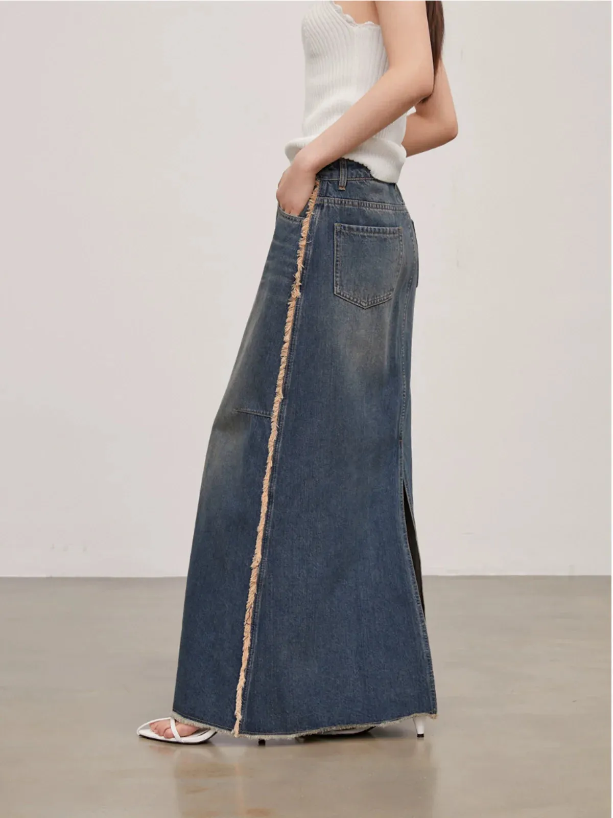Millennium Blueberry Distressed A-Line Denim Skirt