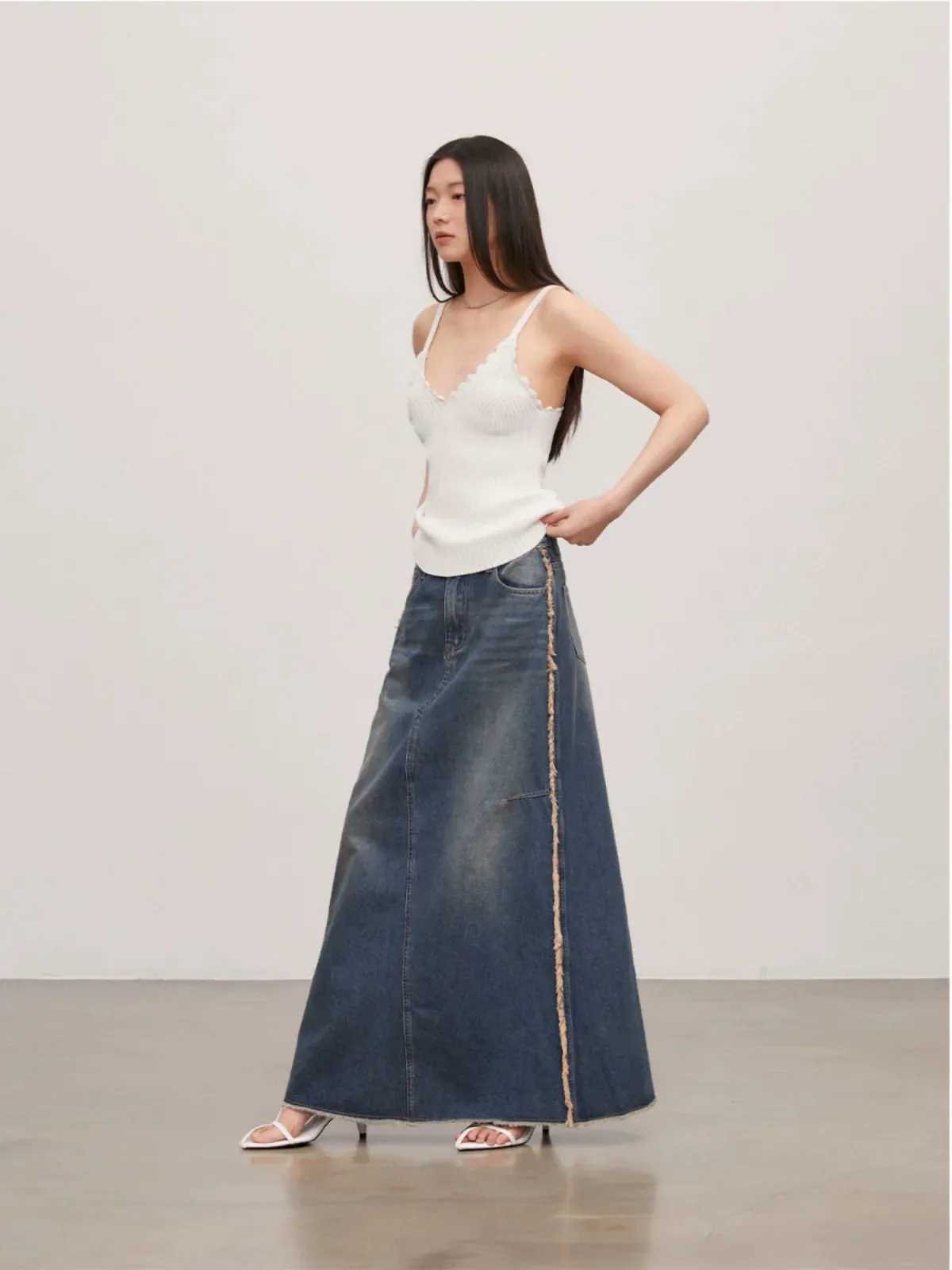 Millennium Blueberry Distressed A-Line Denim Skirt