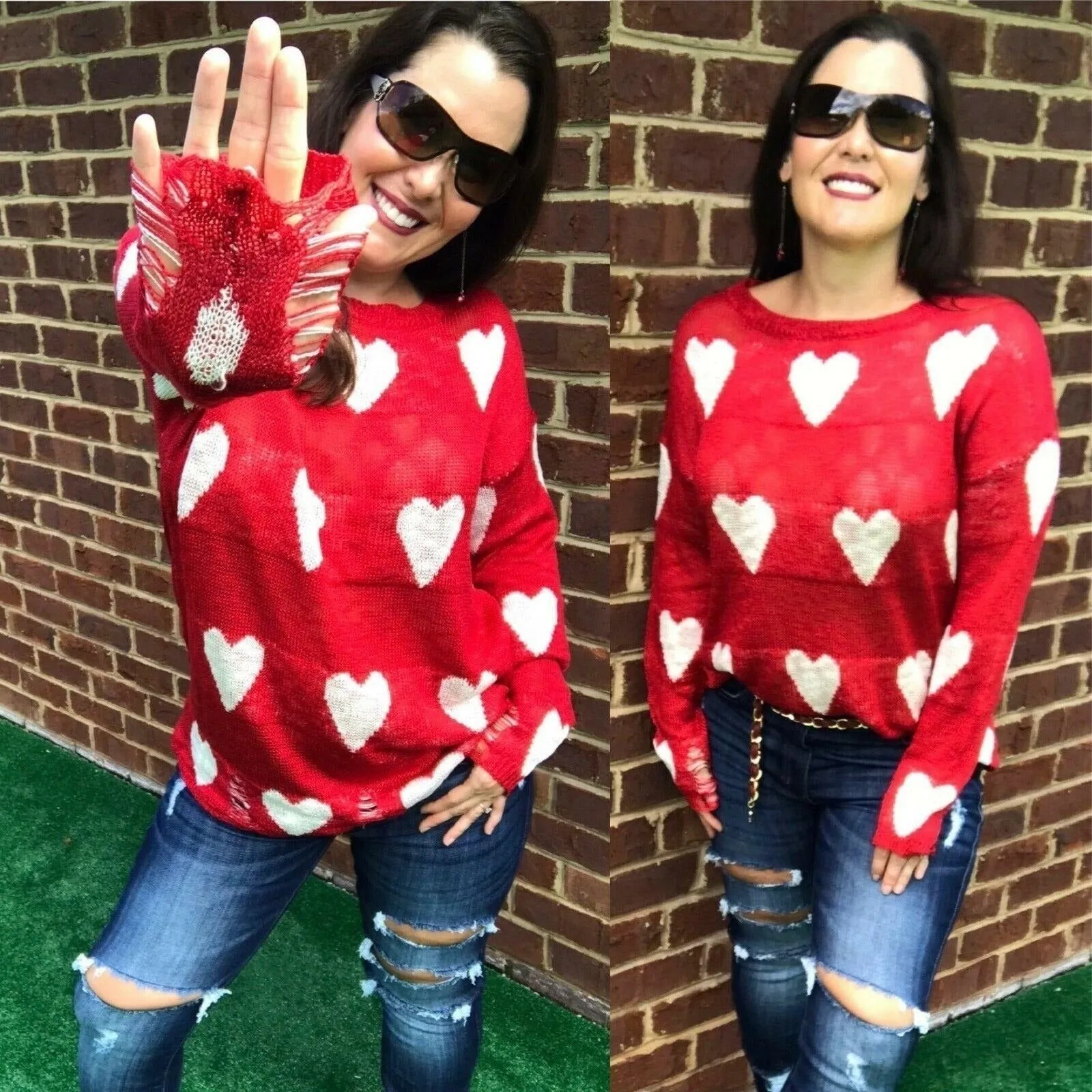 Miracle White Long Sleeve Distressed Heart Sweater W1204-WHITE