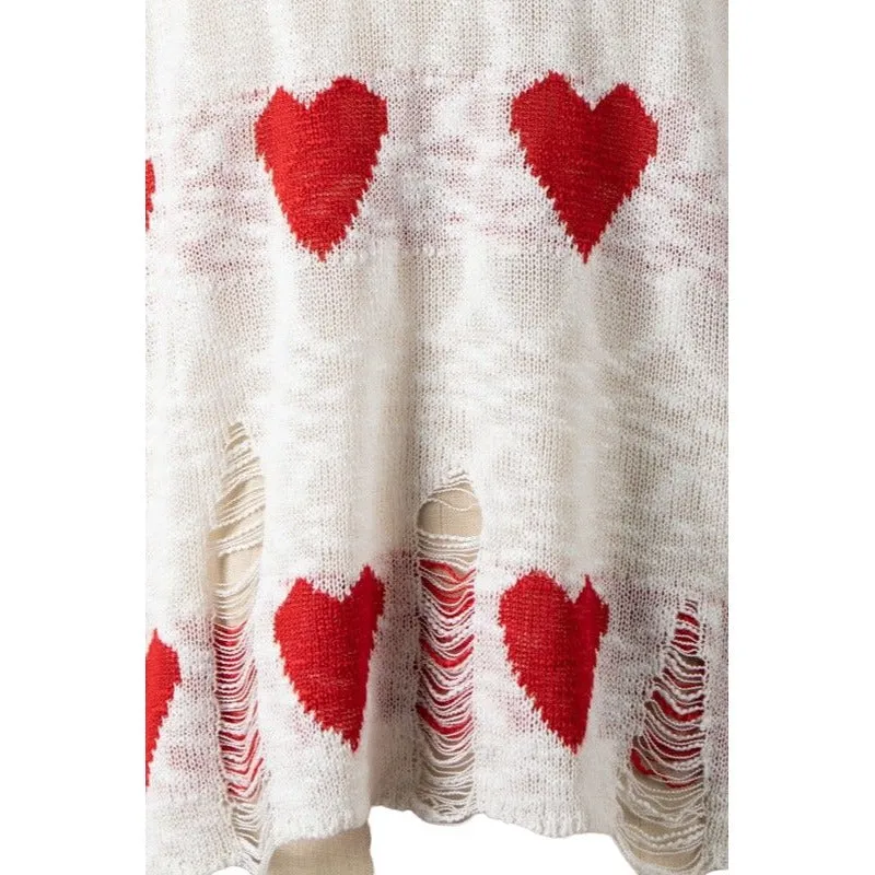 Miracle White Long Sleeve Distressed Heart Sweater W1204-WHITE