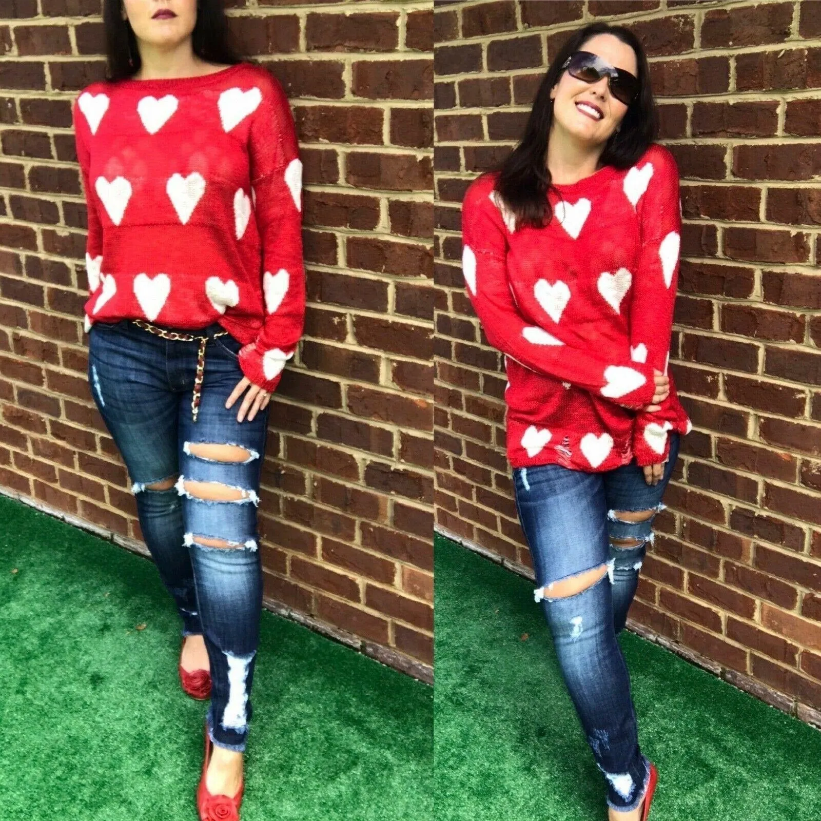 Miracle White Long Sleeve Distressed Heart Sweater W1204-WHITE
