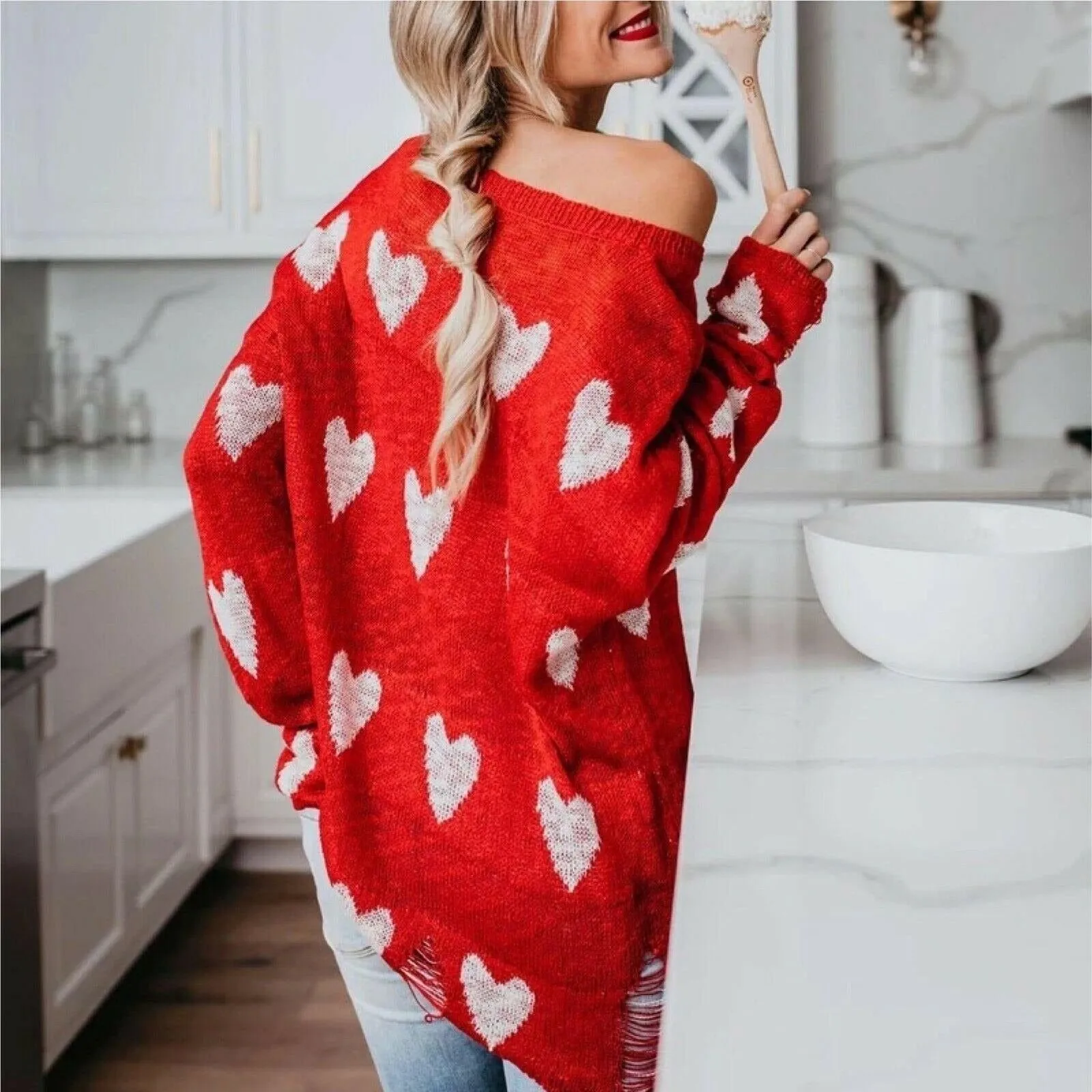 Miracle White Long Sleeve Distressed Heart Sweater W1204-WHITE