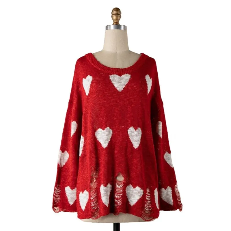 Miracle White Long Sleeve Distressed Heart Sweater W1204-WHITE