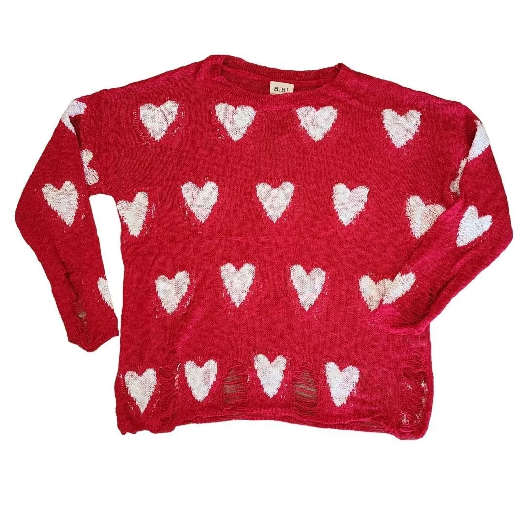 Miracle White Long Sleeve Distressed Heart Sweater W1204-WHITE