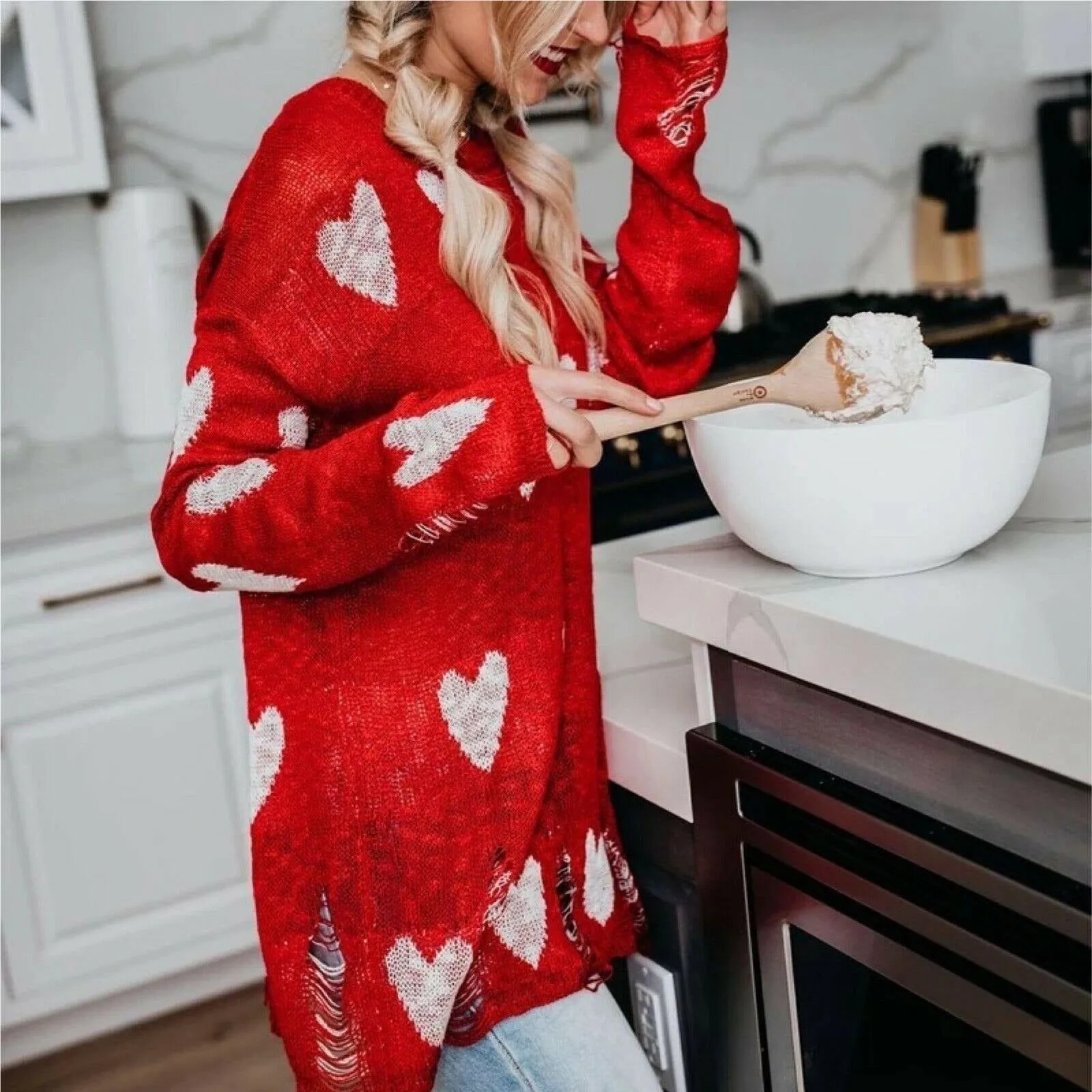 Miracle White Long Sleeve Distressed Heart Sweater W1204-WHITE