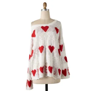 Miracle White Long Sleeve Distressed Heart Sweater W1204-WHITE
