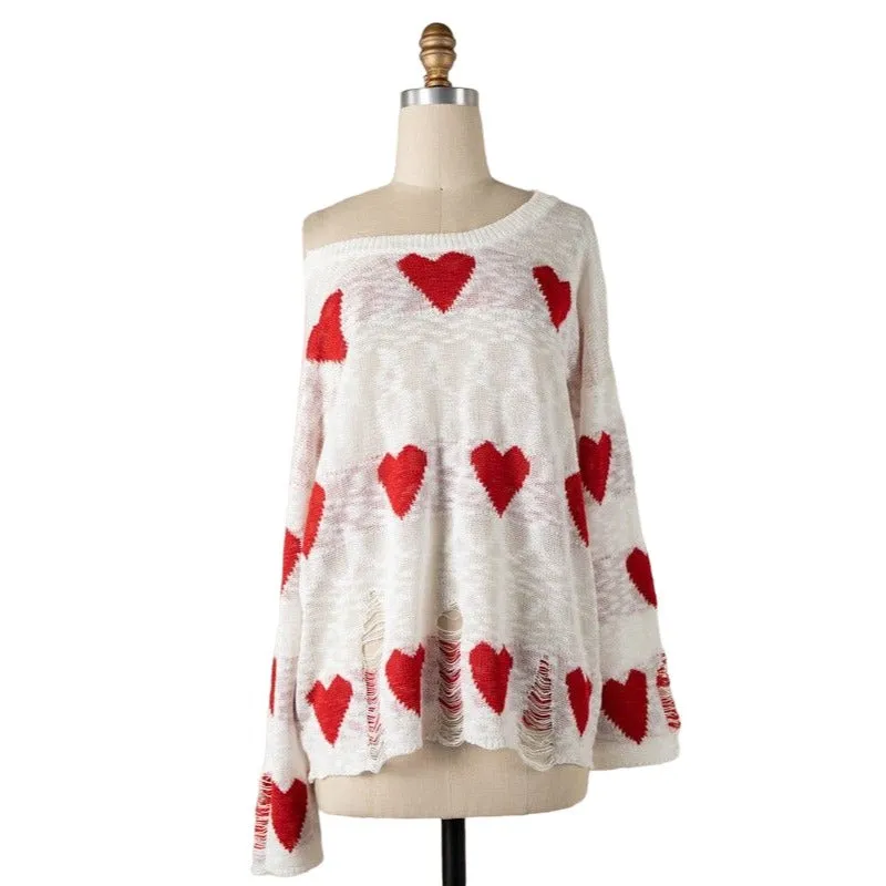 Miracle White Long Sleeve Distressed Heart Sweater W1204-WHITE