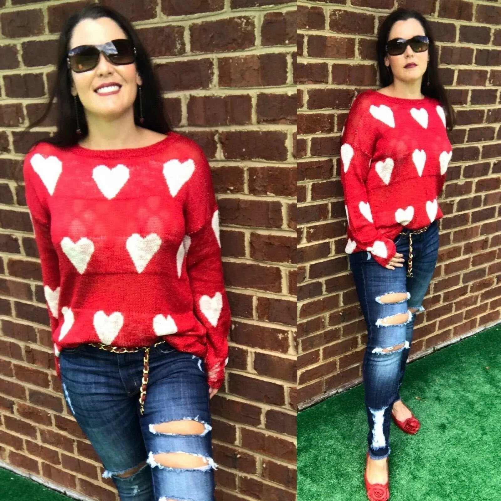 Miracle White Long Sleeve Distressed Heart Sweater W1204-WHITE