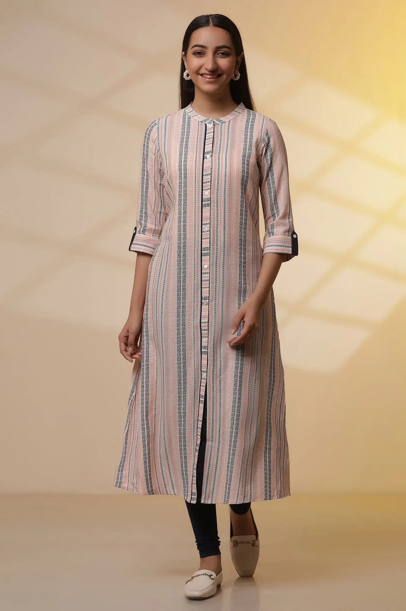 Multi-coloured Stripe Dobby Kurta and Tights Set