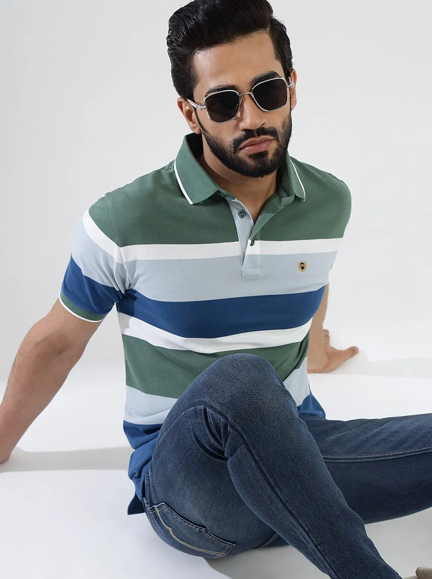 Multicolor Striped Slim Fit Polo T-Shirt | JadeBlue