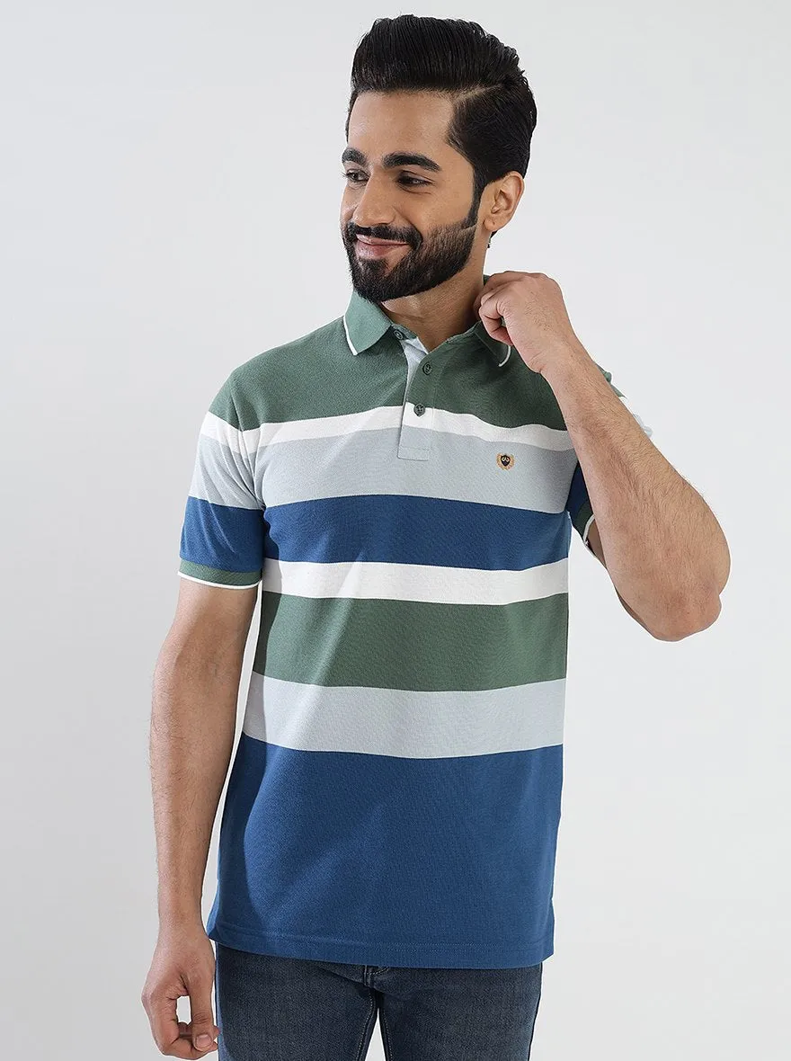Multicolor Striped Slim Fit Polo T-Shirt | JadeBlue