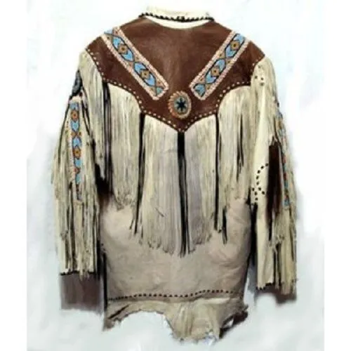 Native American Style Beige Leather Fringe Beaded Jacket for Men MWJ321