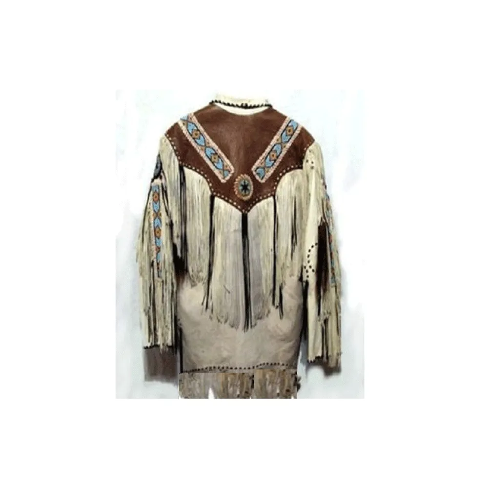 Native American Style Beige Leather Fringe Beaded Jacket for Men MWJ321