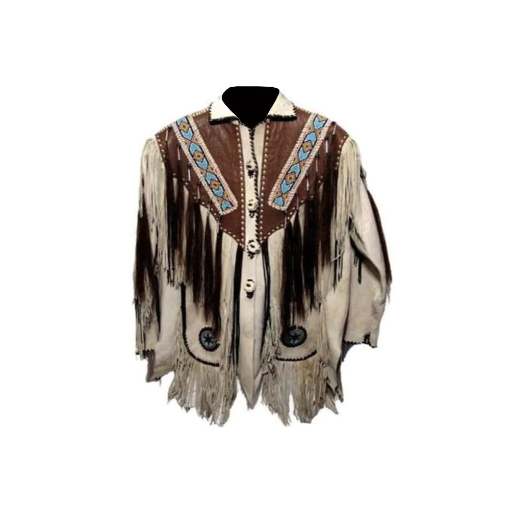 Native American Style Beige Leather Fringe Beaded Jacket for Men MWJ321