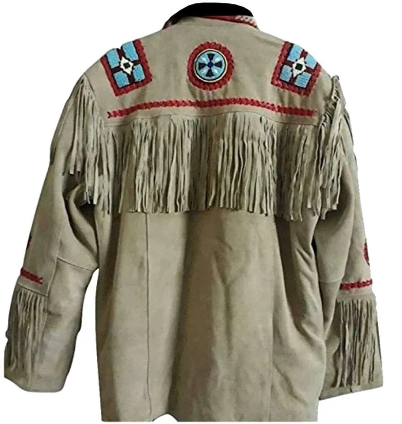 Native American Style Beige Suede Leather Fringe Eagle Beaded Jacket for Men MWJ334