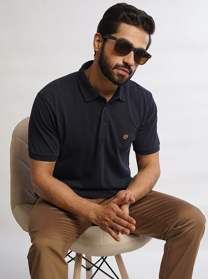 Navy Blue Solid Slim Fit Polo T-Shirt | JadeBlue
