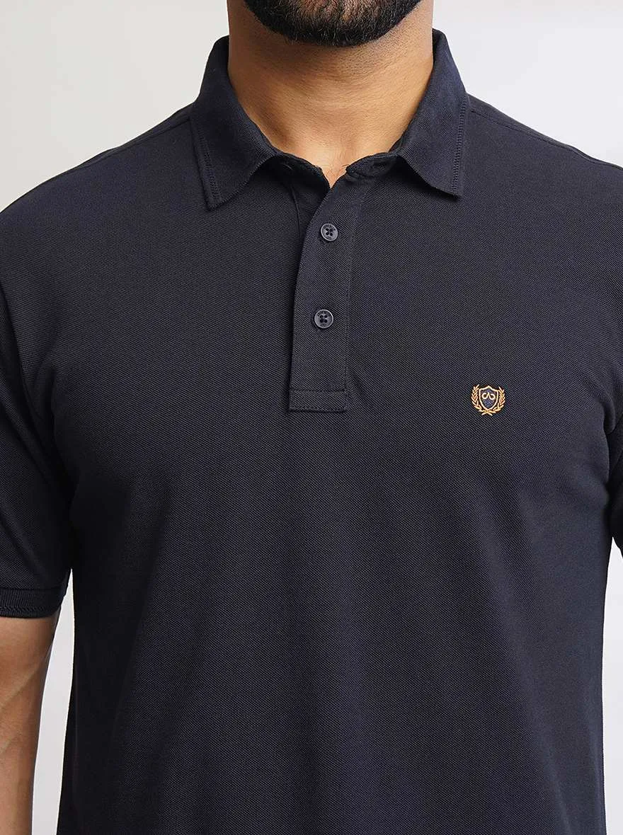 Navy Blue Solid Slim Fit Polo T-Shirt | JadeBlue
