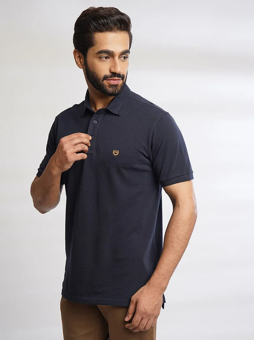 Navy Blue Solid Slim Fit Polo T-Shirt | JadeBlue
