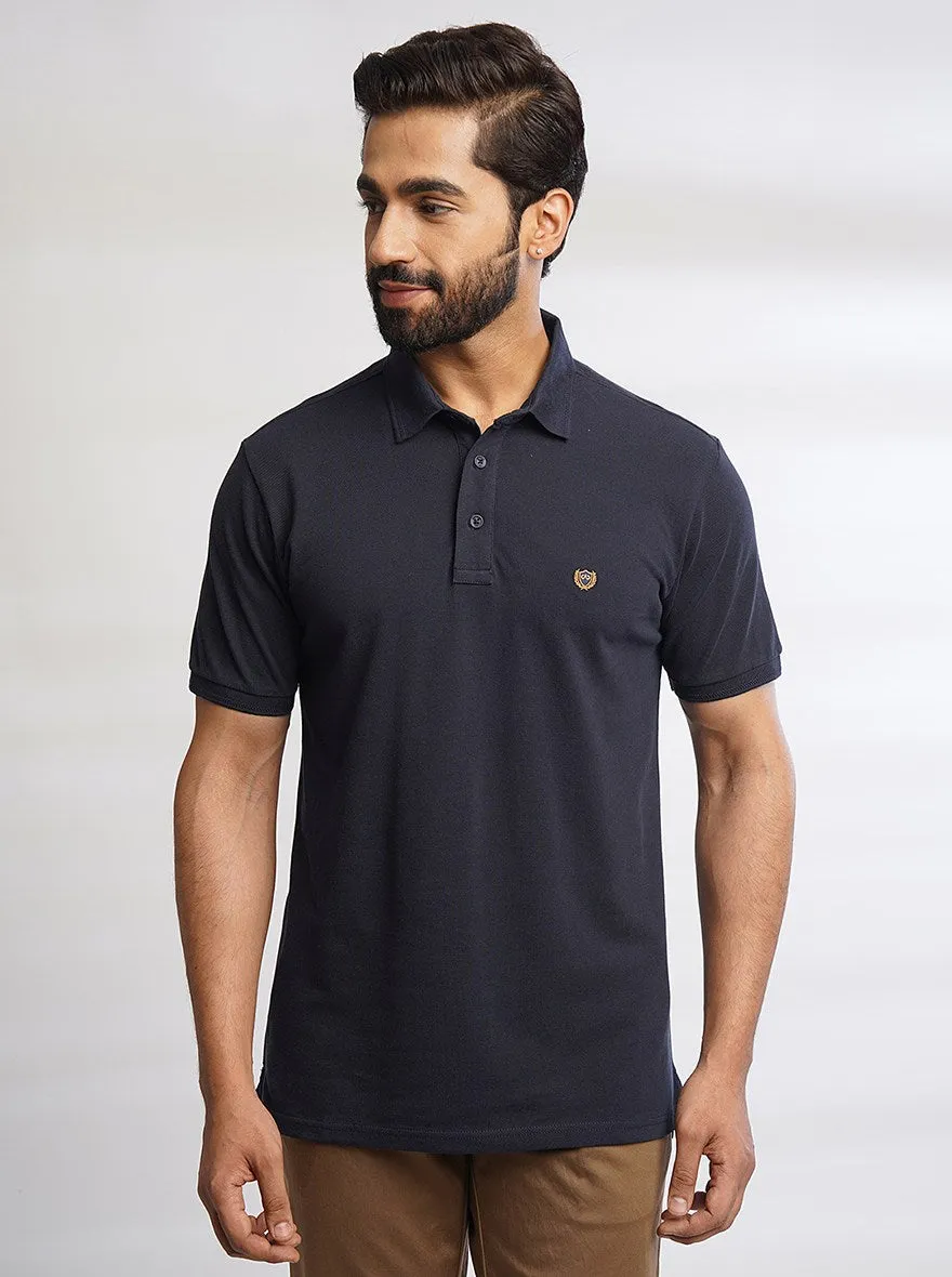 Navy Blue Solid Slim Fit Polo T-Shirt | JadeBlue