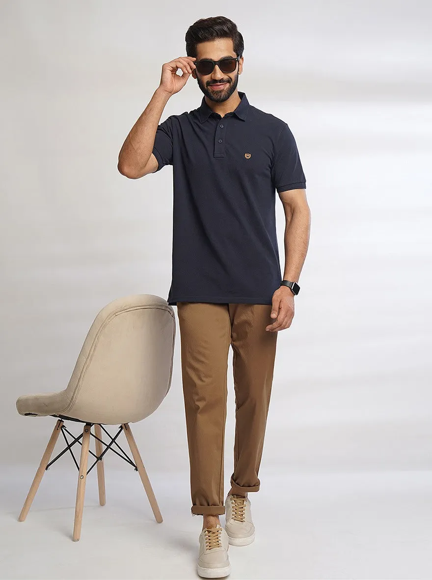Navy Blue Solid Slim Fit Polo T-Shirt | JadeBlue