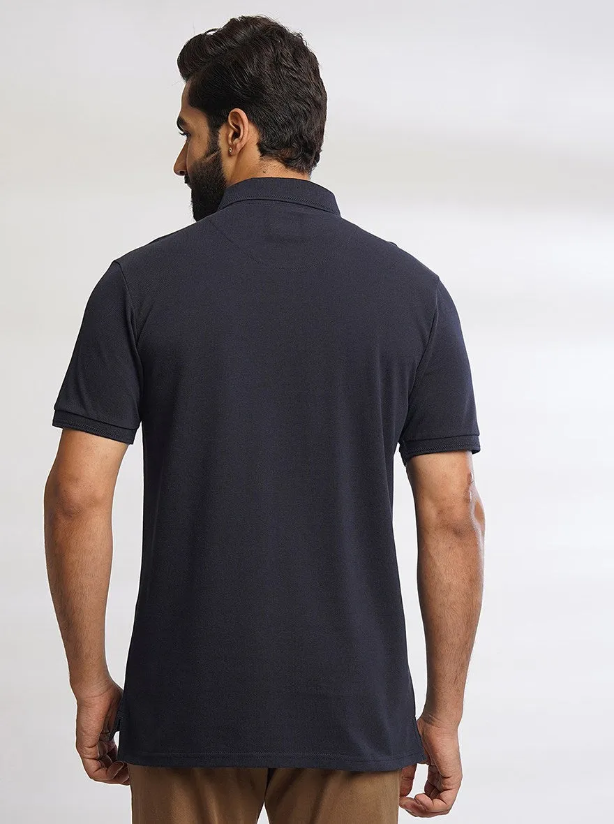 Navy Blue Solid Slim Fit Polo T-Shirt | JadeBlue