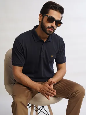 Navy Blue Solid Slim Fit Polo T-Shirt | JadeBlue