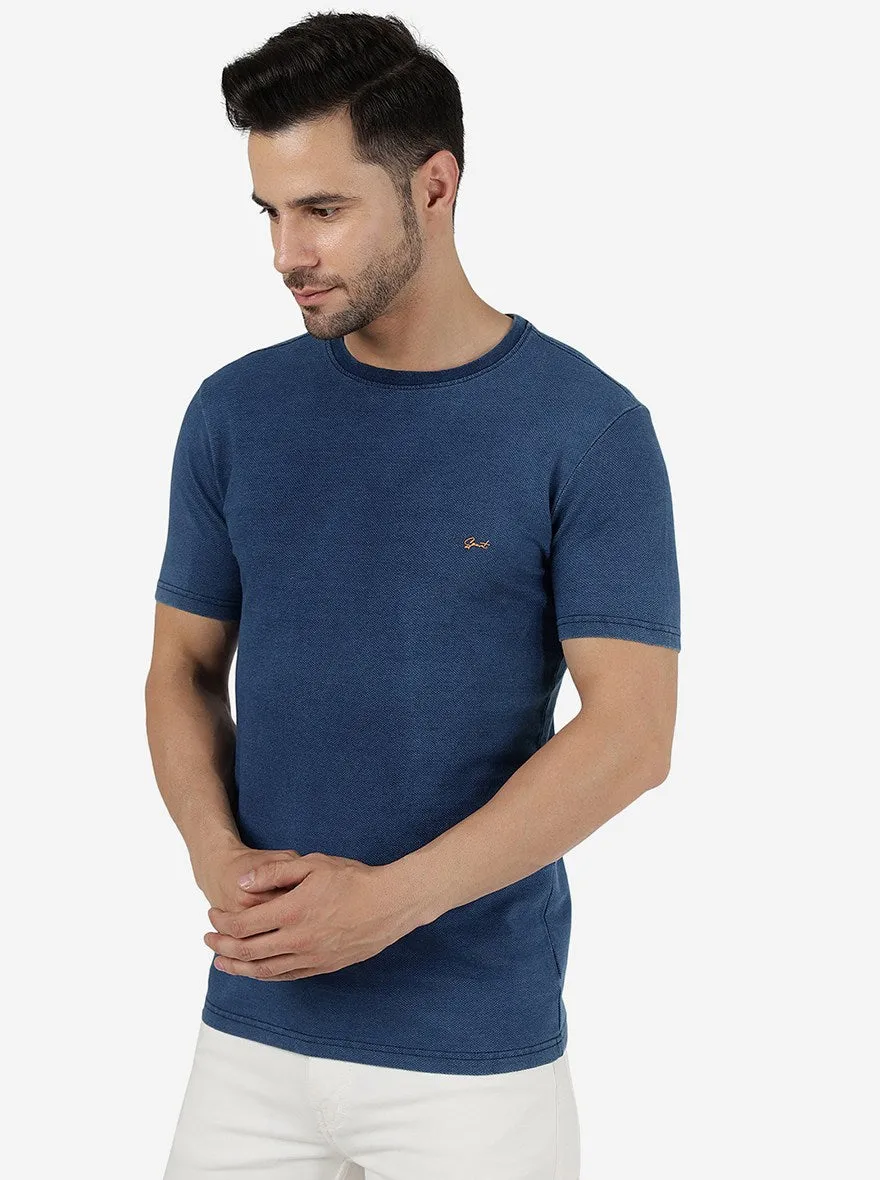 Navy Blue Solid Slim Fit T-Shirt | JadeBlue