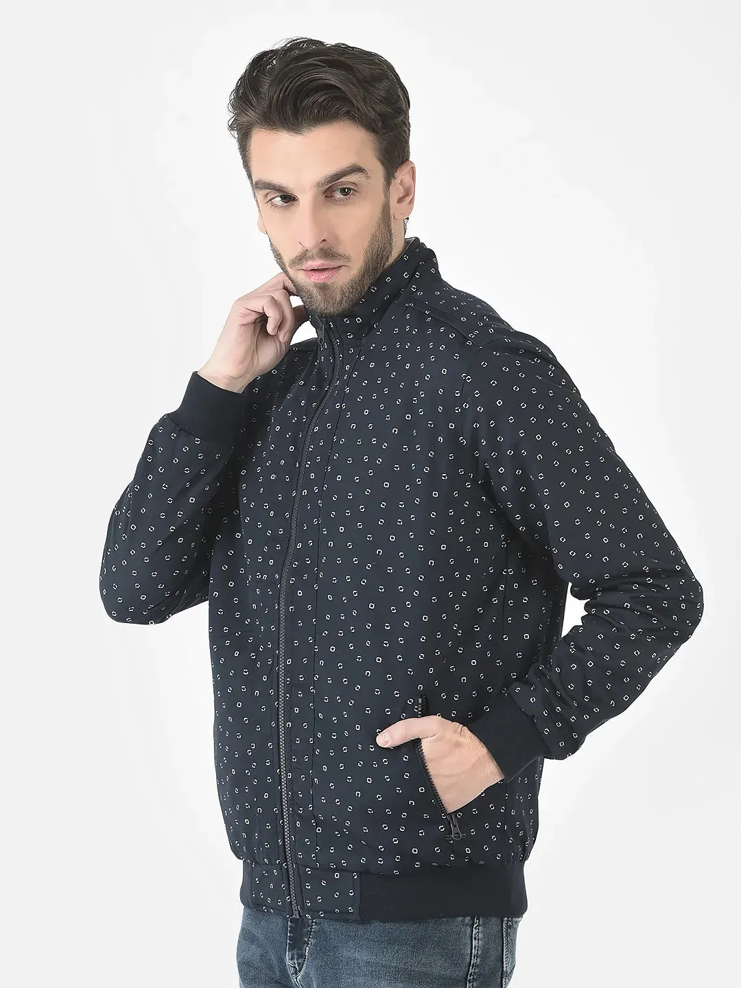 Navy Printed Reversible Bomber Jacket