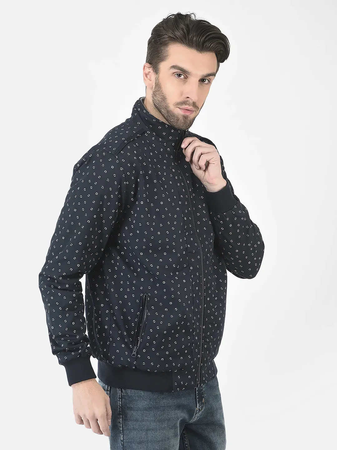 Navy Printed Reversible Bomber Jacket