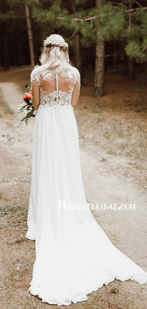 Newest V-neck A-line Long Sleeve Chiffon Lace Long Wedding Dresses, WDS0072