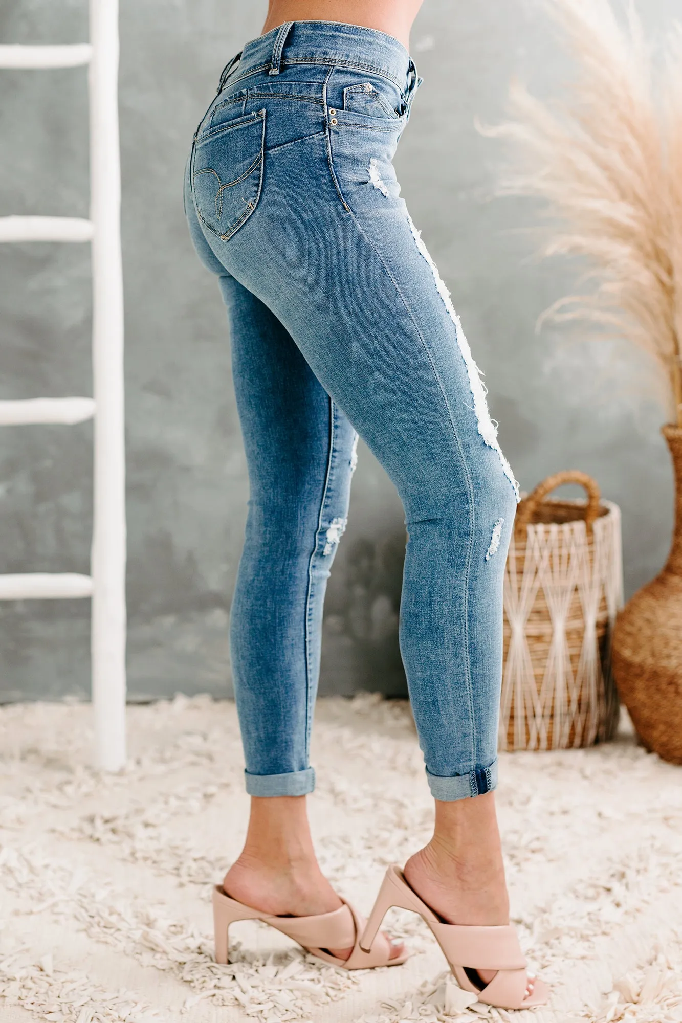 Nolen Double-Button Distressed Skinny YMI Jeans (Medium)