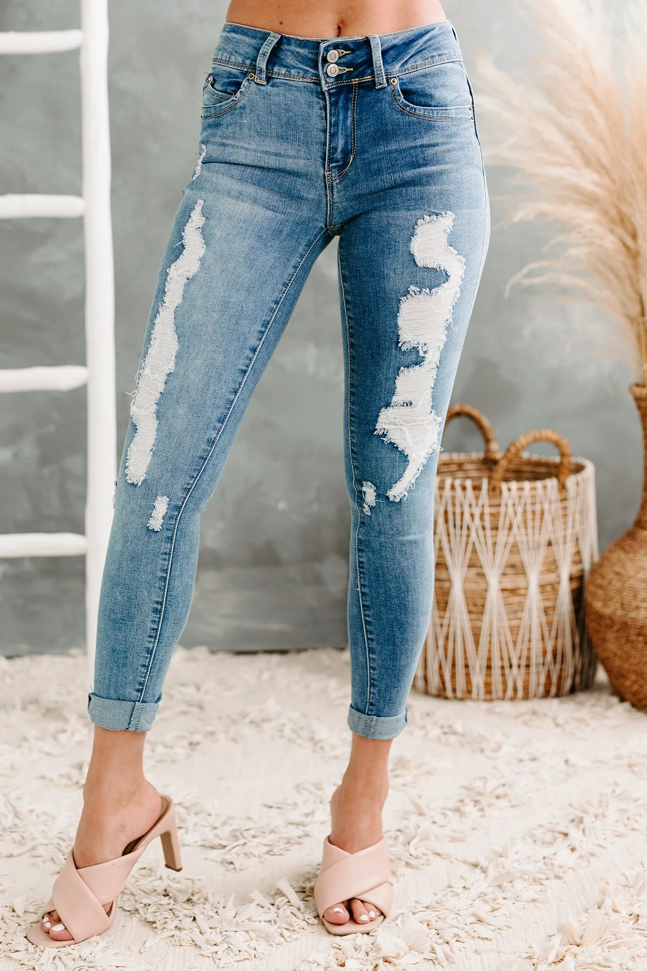 Nolen Double-Button Distressed Skinny YMI Jeans (Medium)
