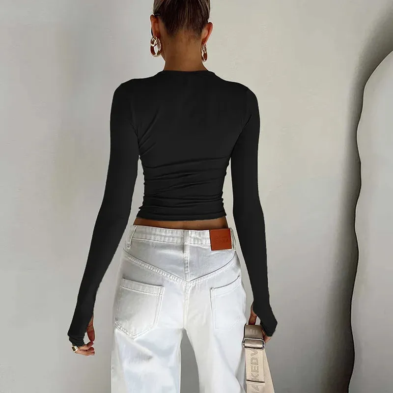 Obsidian Phoenix Luxe Women's Long Sleeve Crop Top – Thumb Hole Design for Sporty Elegance