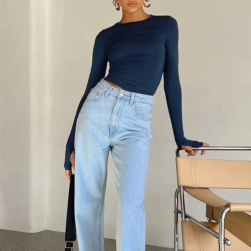 Obsidian Phoenix Luxe Women's Long Sleeve Crop Top – Thumb Hole Design for Sporty Elegance